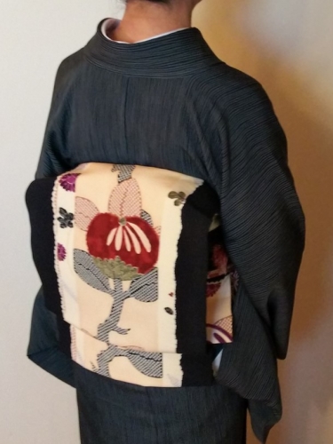 fumiko先生のキモノ手帖 よろけ縞小紋・橘柄摺型友禅名古屋帯で、日本