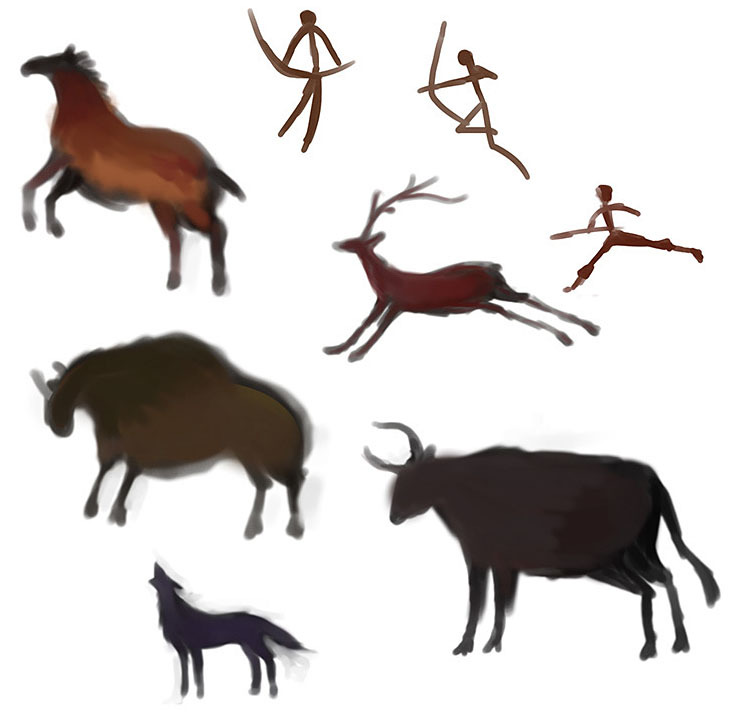 石器時代,狩猟,オーロックス,バイソン,鹿,オオカミ,狼,壁画,馬,ターパン